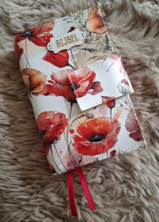 Bijbelhoes Kunstleer bloemen klaprozen geschilderd voor de JB Schoolbijbel
