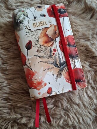 Bijbelhoes Kunstleer bloemen klaprozen geschilderd voor de JB Schoolbijbel