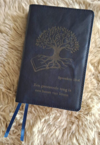 HSV Schoolbijbel: Bijbelhoes leer blauw vintage incl. gravure