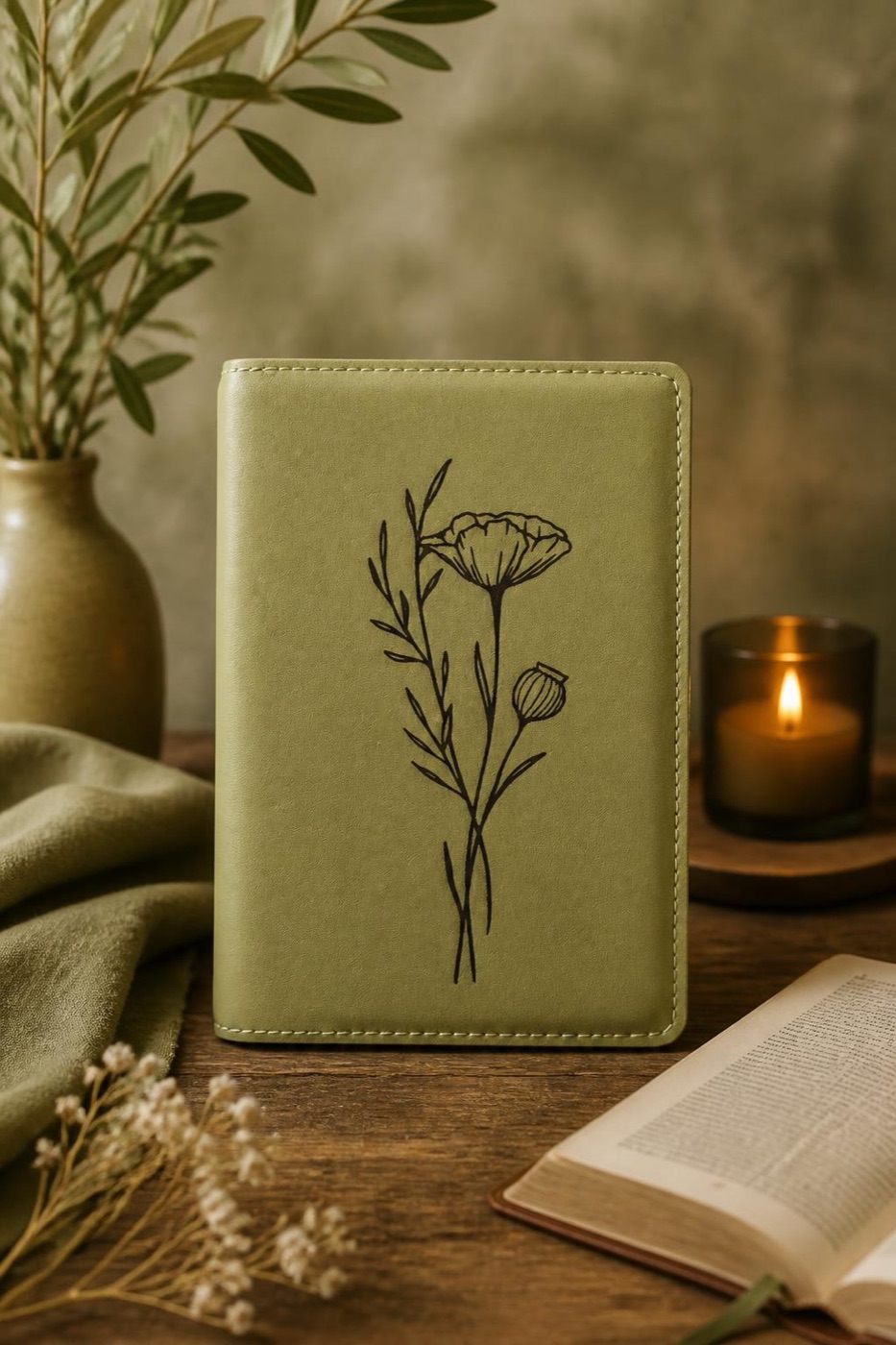 Groene Bijbelhoes met gravure van een bloem