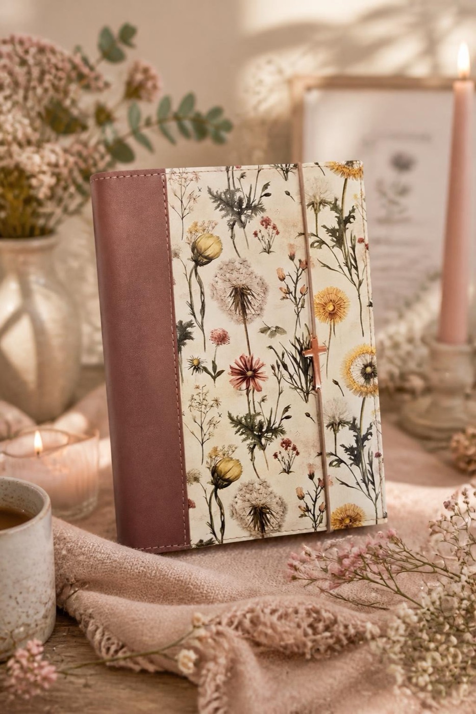 Oudroze Bijbelhoes met botanische print en kruisje